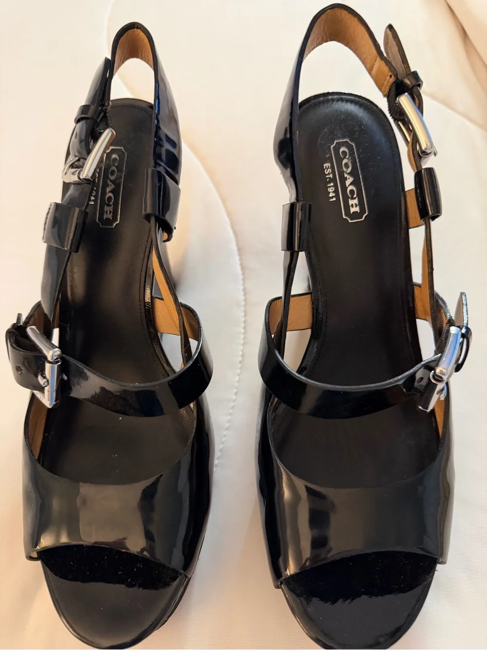 Coach Black Patent Leather Wedge Sandals with Silver Buckles